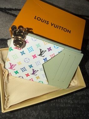 White Multicolor Monogram Card Wallet with Mint Green Trim